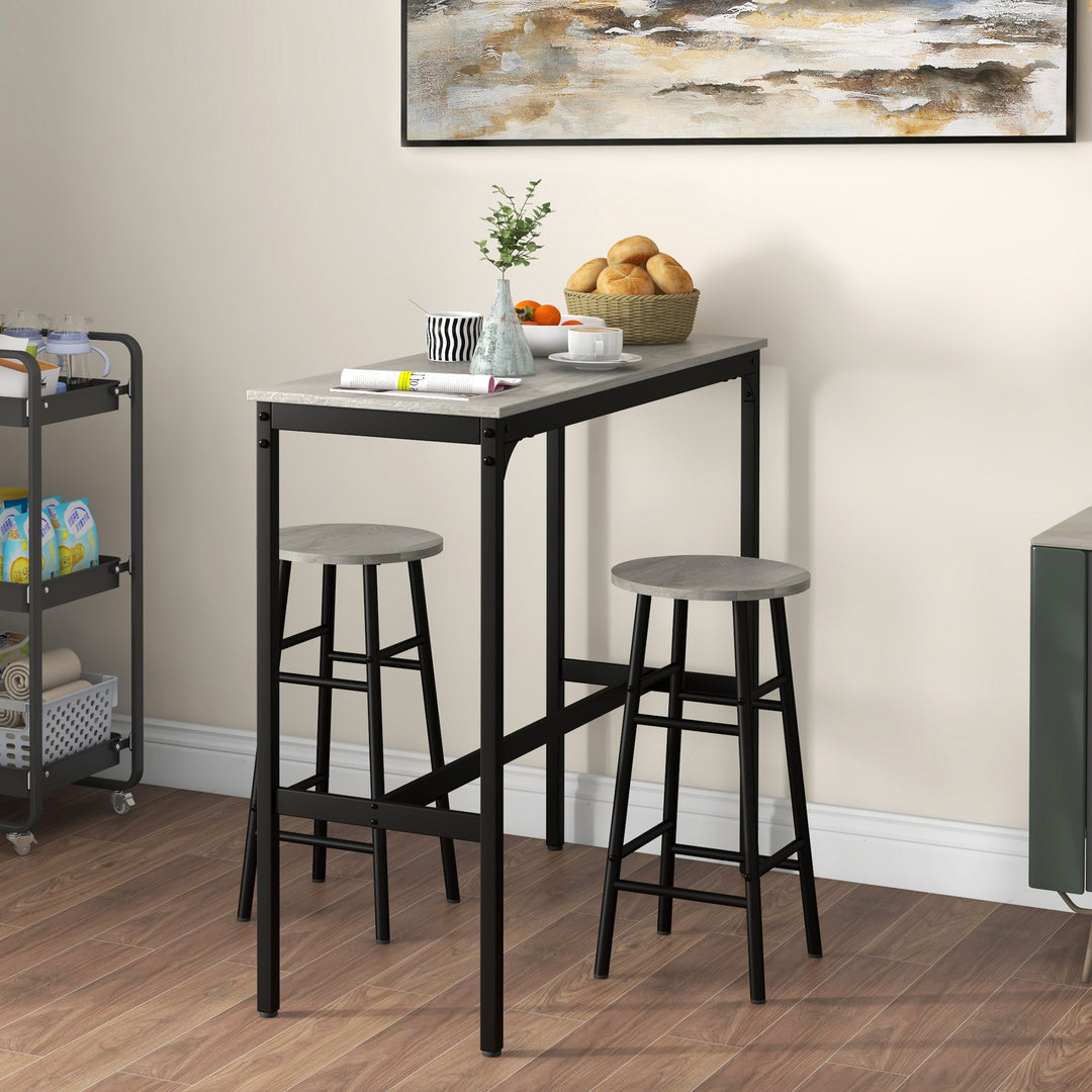 3 Piece Bar Table Set with 2 Stools, Industrial Bar Table and Stool Set, Dining Table and Chair Set for Small Space, Grey