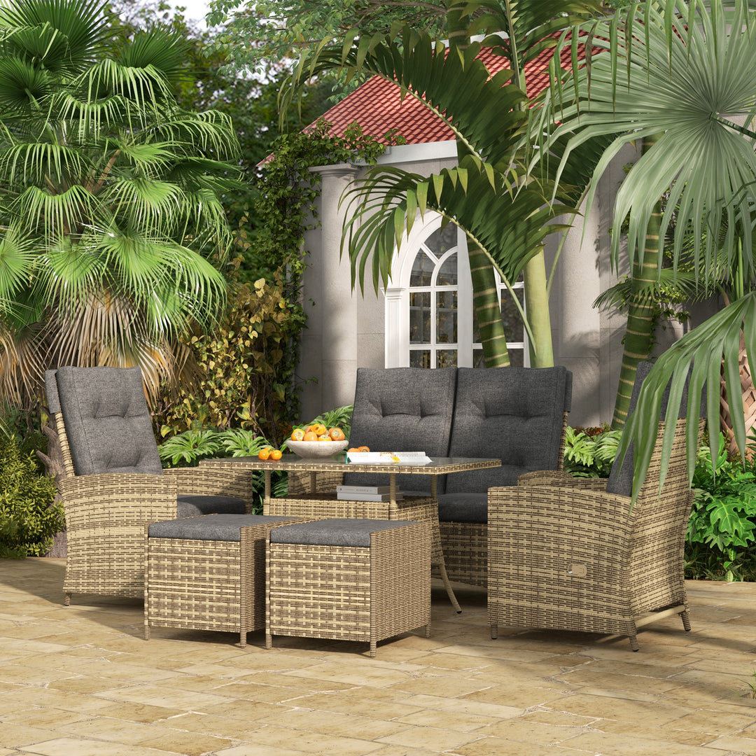 6 Pieces PE Rattan Dining Set, Patio Wicker Conversation Furniture, Tempered Glass Table-top Dining Table w/ Storage Layer, Mixed Grey