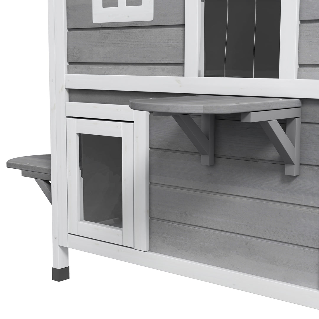 Solid Wood Cat Condos Pet House Water Proof Outdoor 2-Floor Villa, Grey