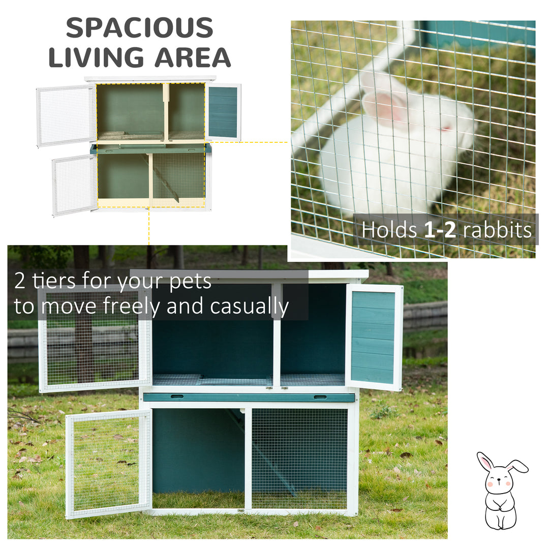 2 Tier Wooden Rabbit Hutch, Guinea Pig Cage, Bunny Run, Small Animal House for Indoor Outdoor with Slide-out Tray, 104 x 58 x 110cm, Green