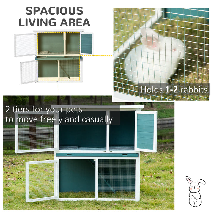 2 Tier Wooden Rabbit Hutch, Guinea Pig Cage, Bunny Run, Small Animal House for Indoor Outdoor with Slide-out Tray, 104 x 58 x 110cm, Green