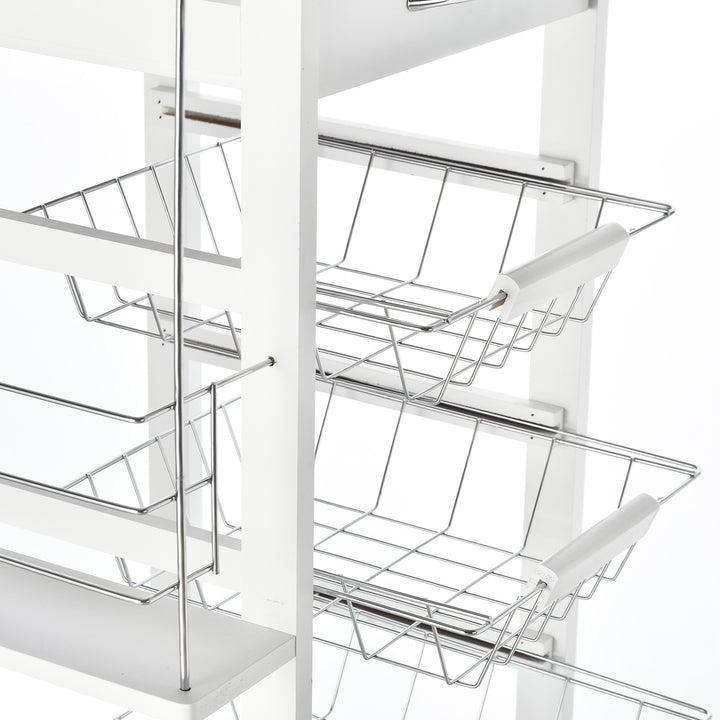 Multi-Use Kitchen Island Trolley w/ 4 Baskets 2 Side Racks Drawer Worktop 4 Wheels Worktop Food Storage Smooth Rolling Compact Furniture White