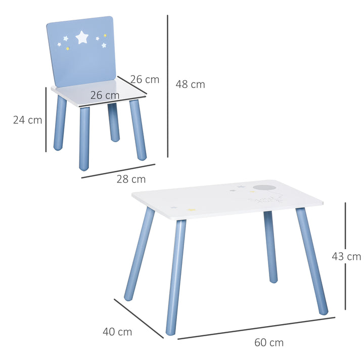 HOMCOM Kids Table and Chairs Set 3 Pieces 1 Table 2 Chairs Toddler Wooden Multi-usage Easy Assembly Star Image Ornament Blue and White