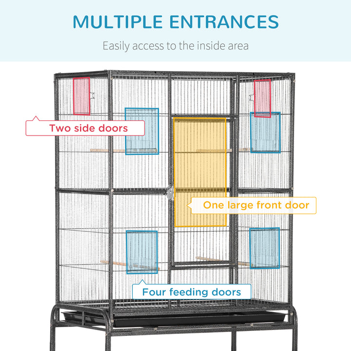 PawHut Bird Cage Metal Canary Cages for Parakeet with Detachable Rolling Stand, Storage Shelf, Wood Perch, Food Container