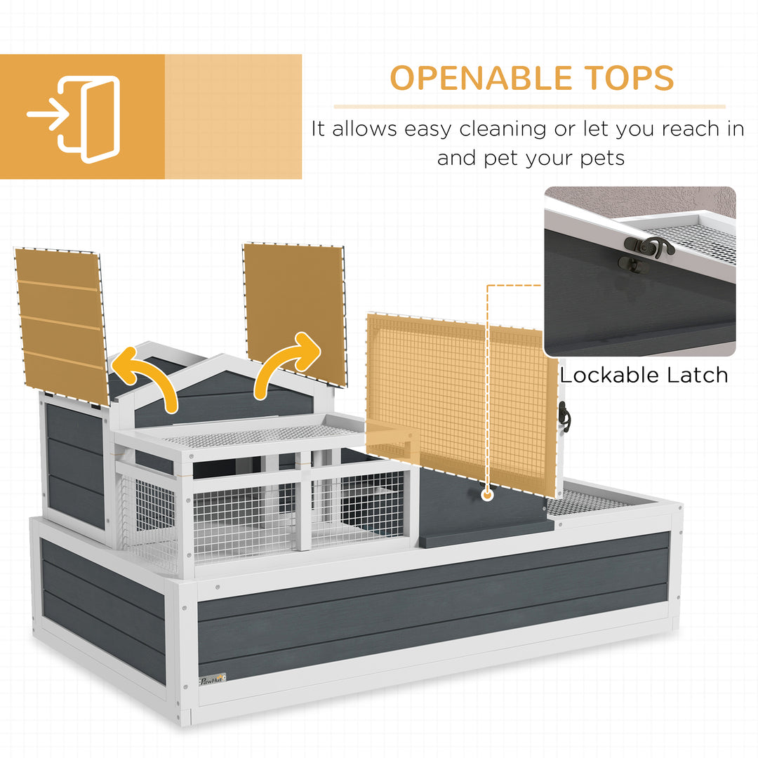 3-Room Tortoise House Habitat w/ Balcony &amp; 2 Stories, Wooden Tortoise Enclosure with Ladder, Tray, Openable Roof