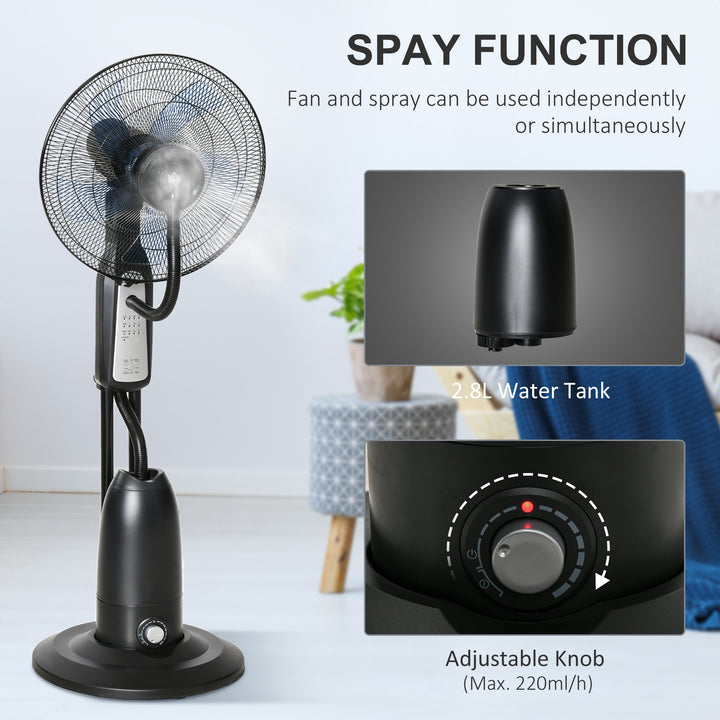 Pedestal Fan with Water Mist Spray, Humidifying Misting Fan, Standing Fan with 3 Speeds, 2.8L Water Tank, Timer and Remote, Black