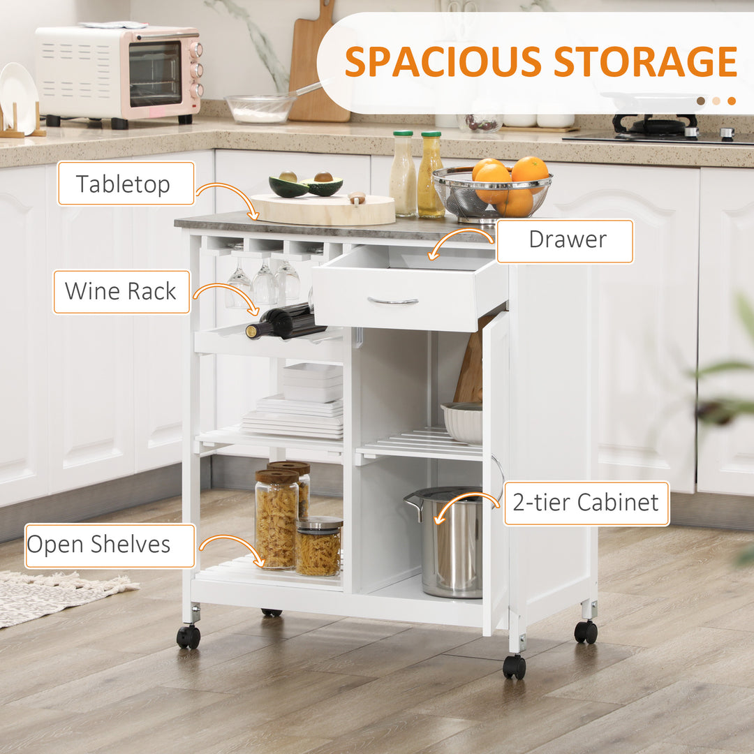 Compact Kitchen Trolley Utility Cart on Wheels with Wine Rack, Drawer, Open Shelf and Storage Cabinet for Dining Room, White