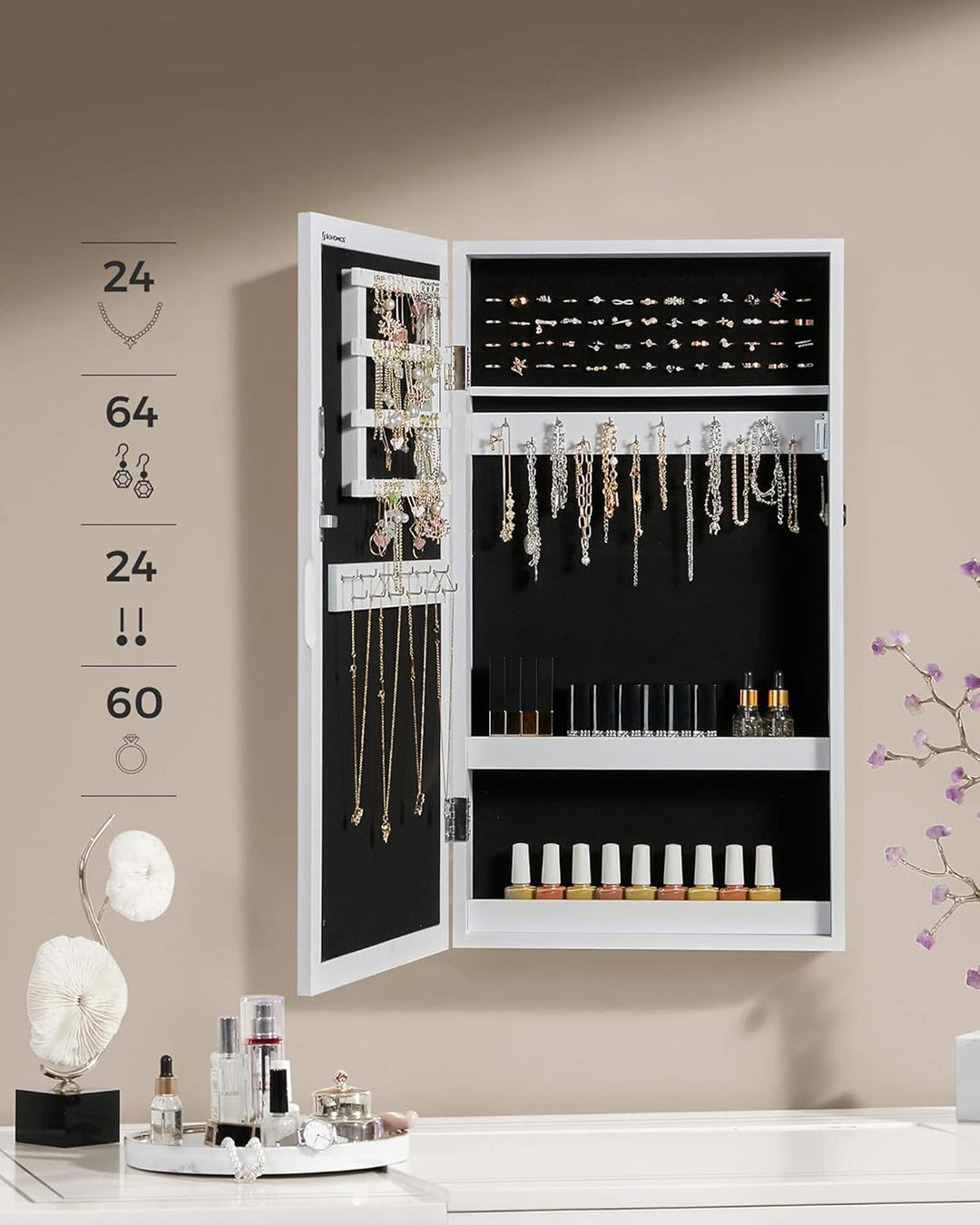 Mirrored Lockable Jewellery Cabinet