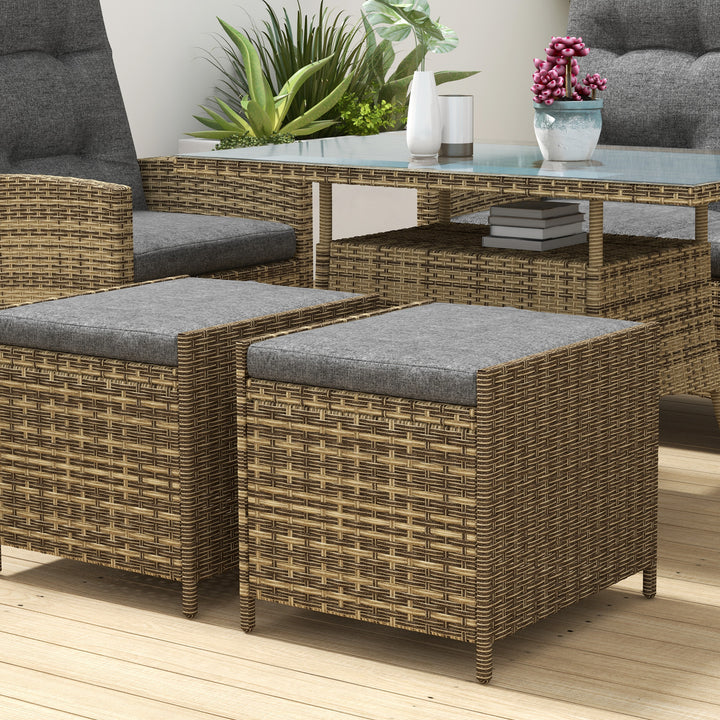 6 Pieces PE Rattan Dining Set, Patio Wicker Conversation Furniture, Tempered Glass Table-top Dining Table w/ Storage Layer, Mixed Grey