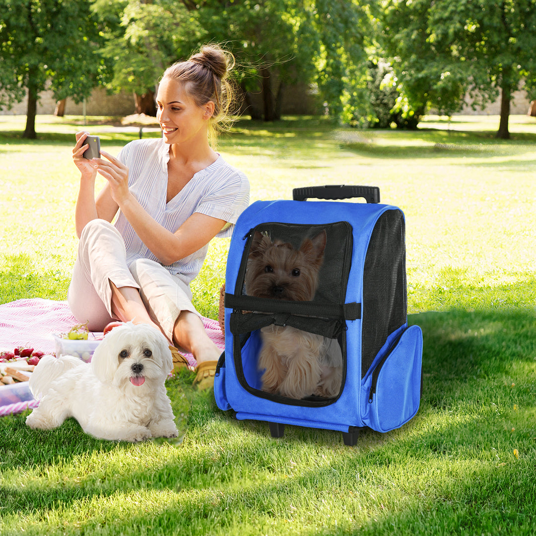 PawHut Pet Carrier Travel Backpack Bag Cat Carrier Puppy Dog Bag w/ Trolley, Telescopic Handle Portable Stroller Wheel, 42 x 25 x 55 cm, Blue