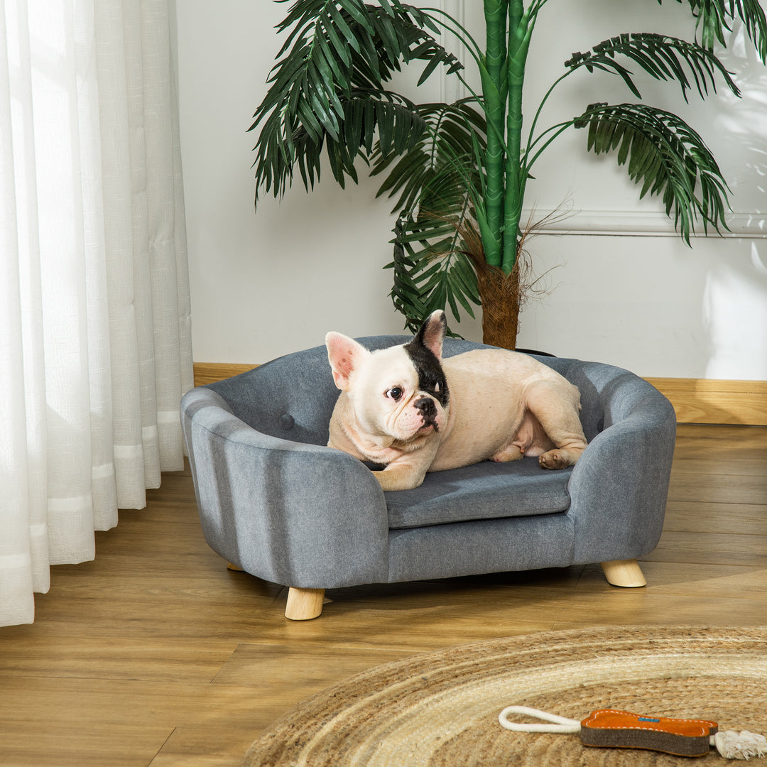 PawHut Pet Sofa, Dog Bed Couch, Puppy Kitten Lounge, with Wooden Frame, Short Plush Cover, Washable Cushion, for Small Dog, 70 x 47 x 30 cm, Grey