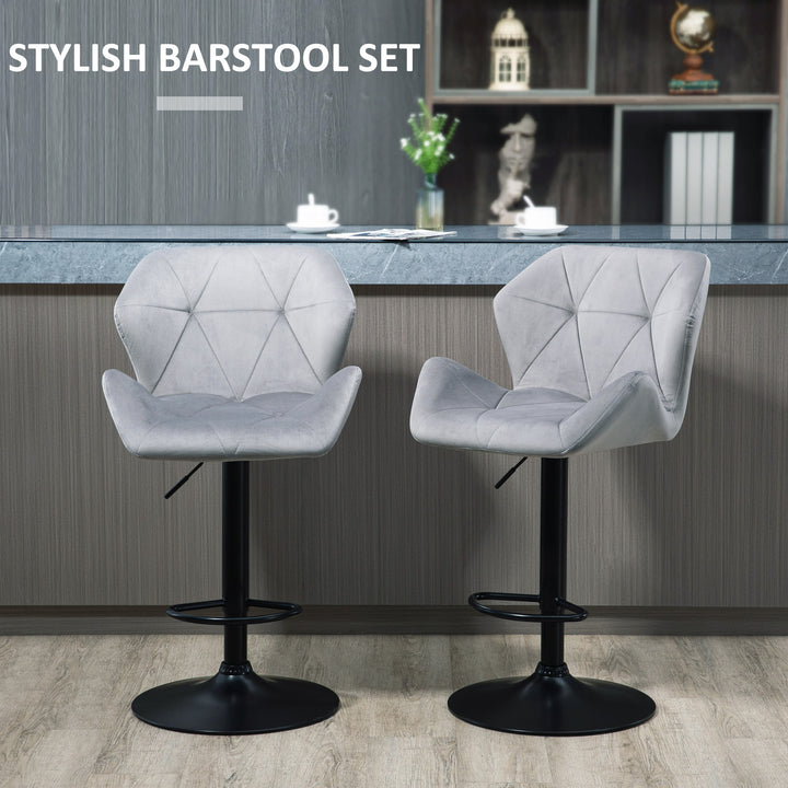 HOMCOM Set Of 2 Bar stools With Backs , Velvet-Touch Barstools w/ Metal Frame Footrest Triangle Indenting Moulded Seat Adjustable Height Swivel Grey