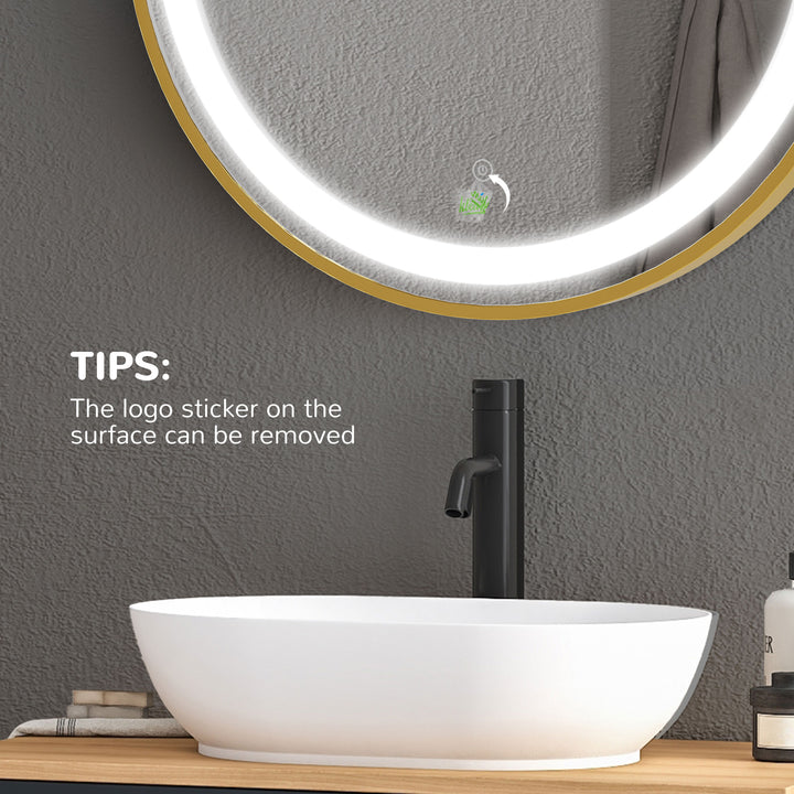 kleankin Round Illuminated Bathroom Mirrors Dimmable LED Lighted Wall Mount Mirror w/ 3 Colours, Time Display, Memory Function, 60cm