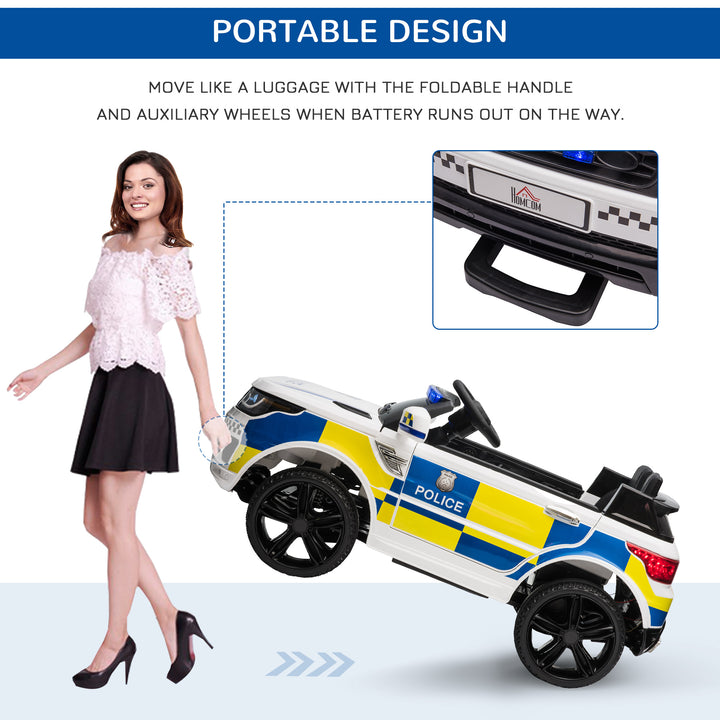 12V Kids Portable Electric Ride On Police Car with Parental Remote Control Siren Flashing Lights USB Bluetooth for 3-6 Years White