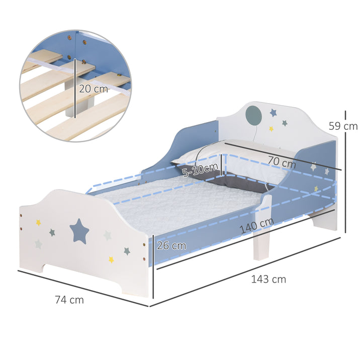 Kids Toddler Wooden Bed Round Edged with Guardrails Stars Image 143 x 74 x 59 cm Blue