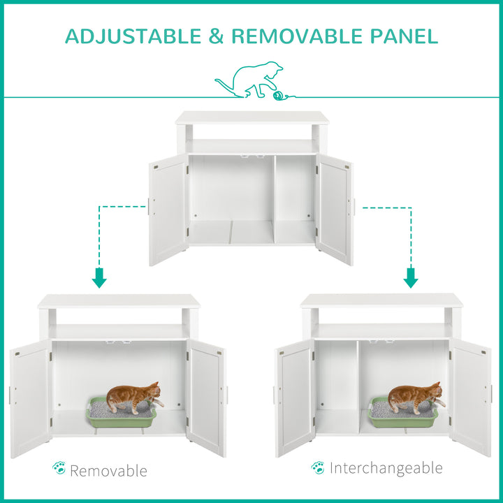 PawHut Wooden Cat Litter Box Enclosure Furniture with Adjustable Interior Wall & Large Tabletop for Nightstand, White