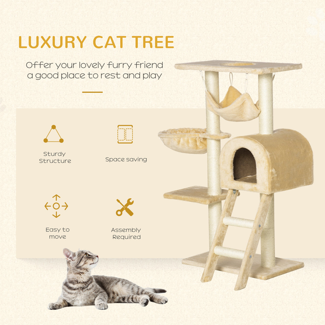 PawHut Cat Tree Tower Kitten Activity Centre Scratching Post w/ Hammock Condo Bed Basket Ladder 98 cm, Beige