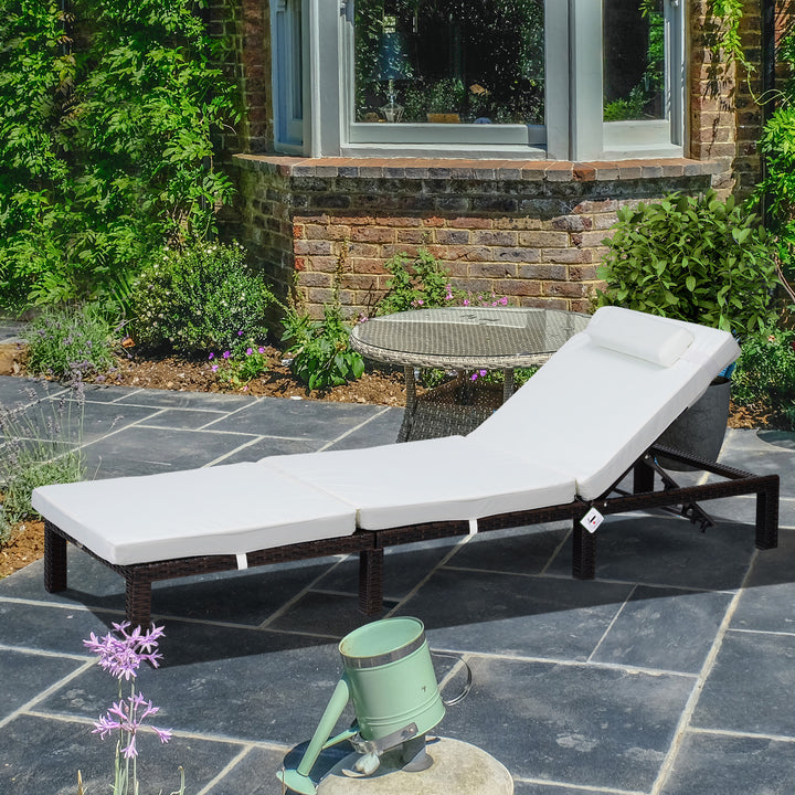Outsunny Garden Outdoor Rattan Furniture Patio Sun Lounger Recliner Reclining Chair Bed Fire Resistant Sponge, Cream White