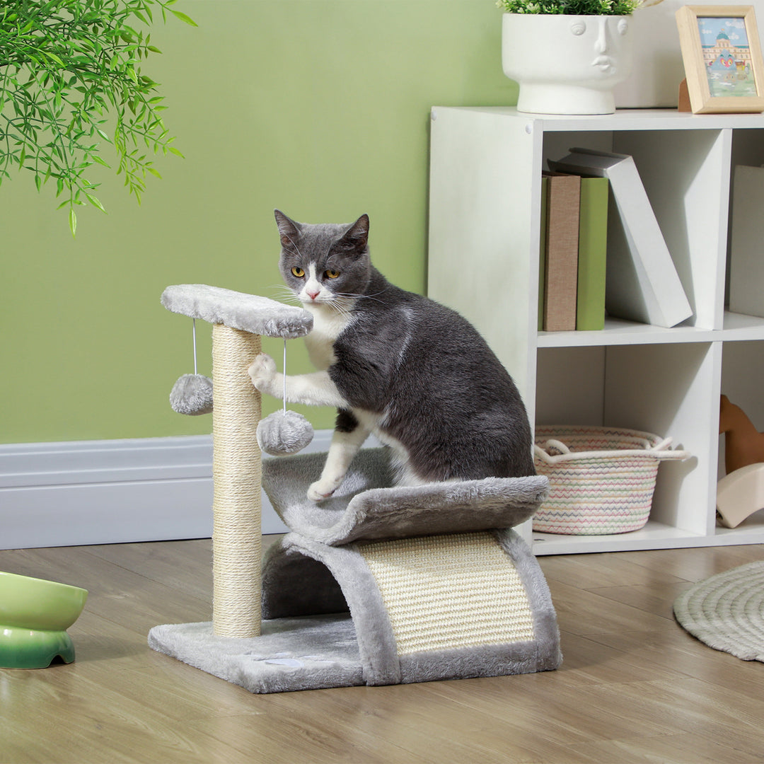 Pawhut Cat Tree Scratching Post Kitten Scratcher Kitty Activity Play Center Sisal Rotatable Top Bar Tunnel Dangling Ball Light Grey