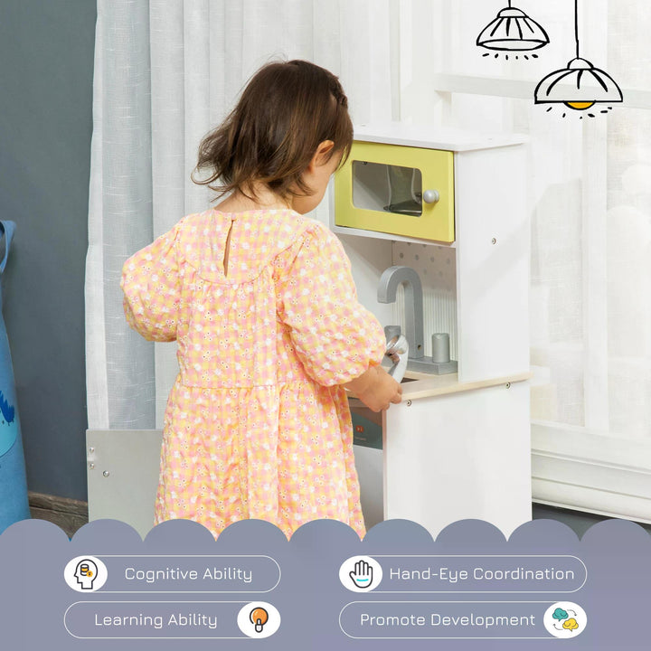 Two Kids Wooden Toy Kitchen Play Cooking Set Pretend Role Playset, with  Sink, Telephone, Storage Basket, for 3-6 Years Old