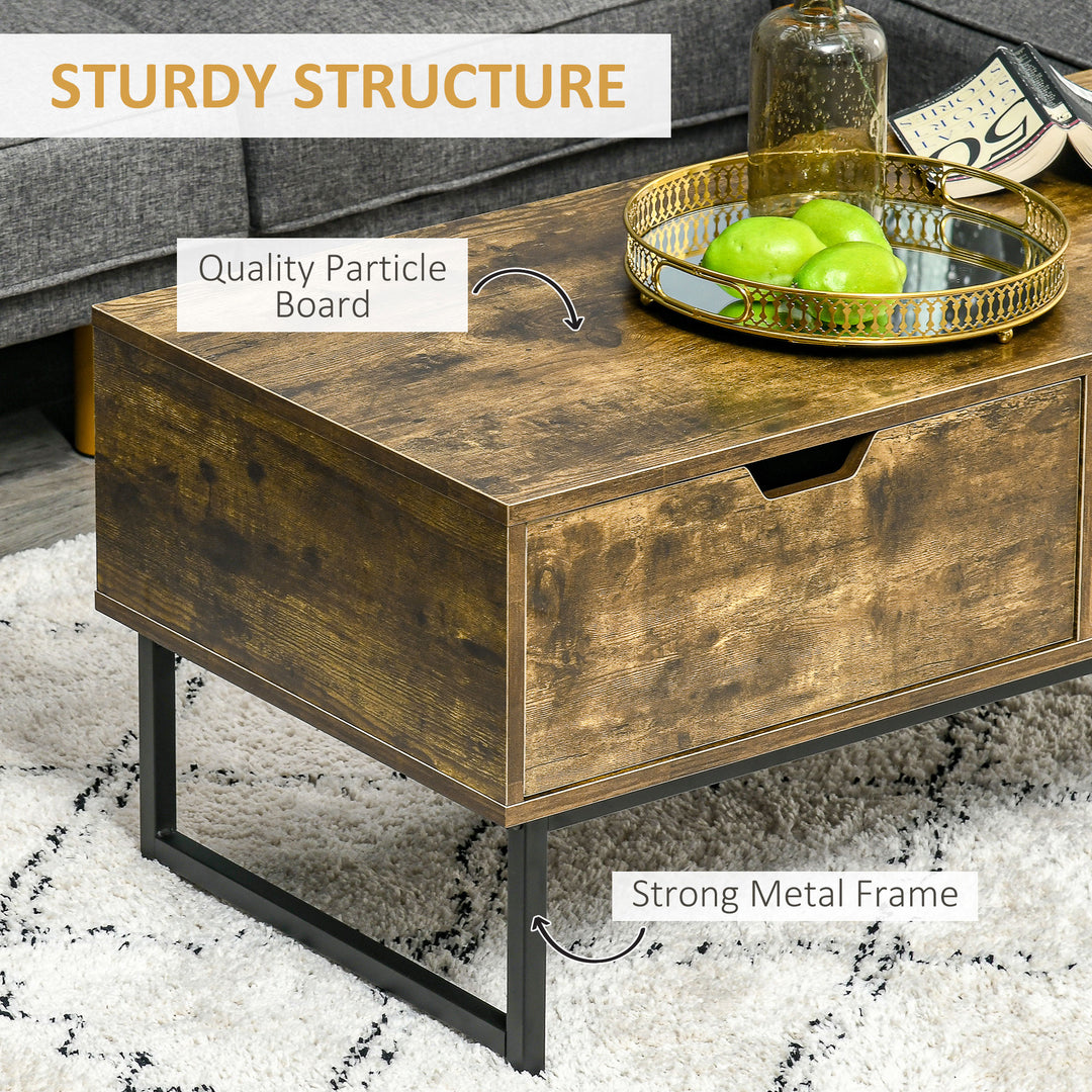 HOMCOM Industrial Coffee table Wooden End Table with Shortage Shelf and Drawer Modern Sofa Table Metal Frame, Rustic Brown 106W x 48D x 43H cm
