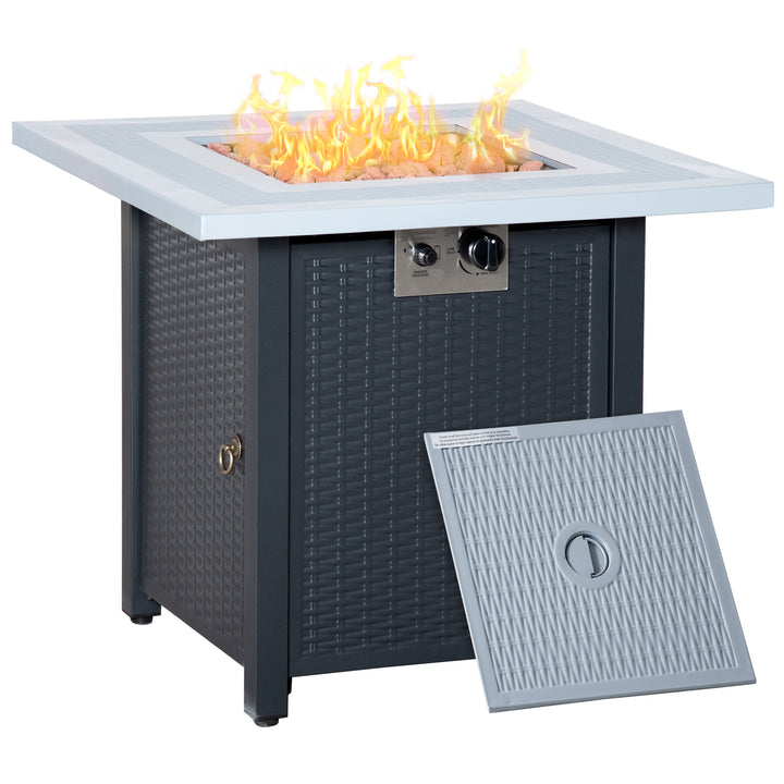 Square Propane Gas Fire Pit Table, 40000 BTU Rattan Smokeless Firepit Patio Heater with Lava Rocks and Lid, 71cm x 71cm x 62cm, Black