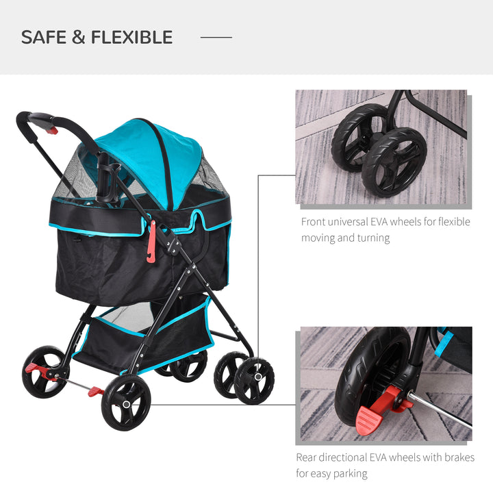 PawHut Pet Stroller Pushchair Travel One-Click Fold Trolley with EVA Wheels Brake Removable Cloth Basket Bottle Holder Adjustable Canopy Safety Leash