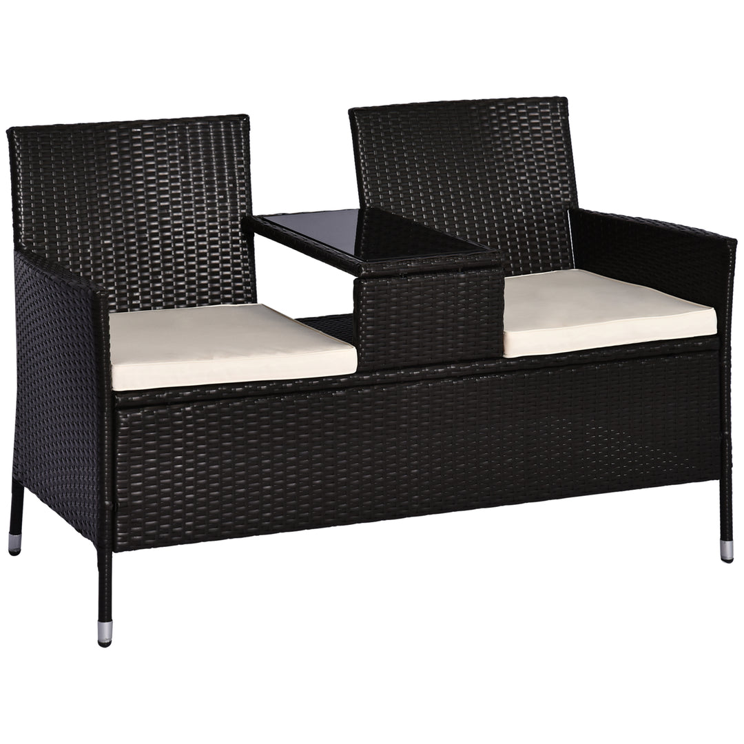 Dining Chairs Wicker Loveseat Outdoor Patio Armchair with Drink Table Garden Furniture - Dark Brown