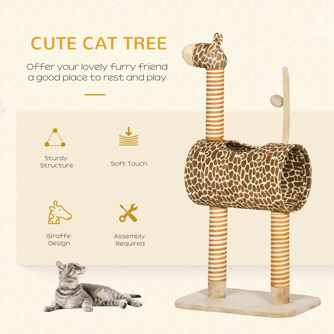 PawHut Cat Tree for Indoor Cats Cute Giraffe Kitten Play Tower with Scratching Posts Tunnel Ball Toy, 48.5 x 34.5 x 101 cm