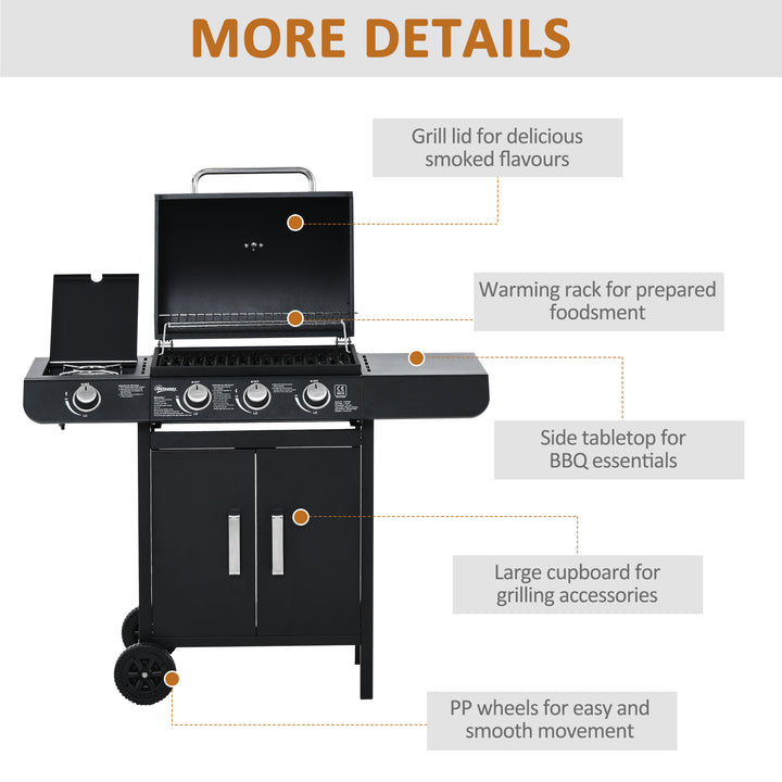 Gas BBQ Gas Grill Barbecue 3+1 Burner Garden BBQ Trolley w/ Side Burner Warming Rack Side Shelves Storage Cabinet Piezo Ignition 110x50x100cm