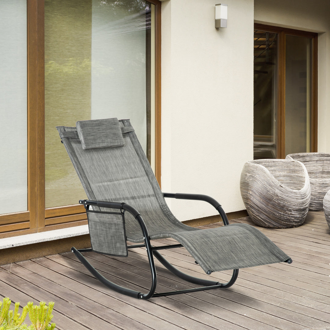 Breathable Mesh Rocking Chair Patio Rocker Lounge for Indoor & Outdoor Recliner Seat w/ Removable Headrest for Garden and Patio Dark Grey