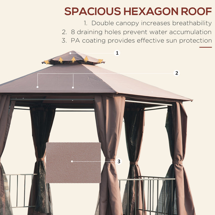 Hexagon Gazebo Patio Canopy Party Tent Outdoor Garden Shelter w/ 2 Tier Roof & Side Panel - Brown