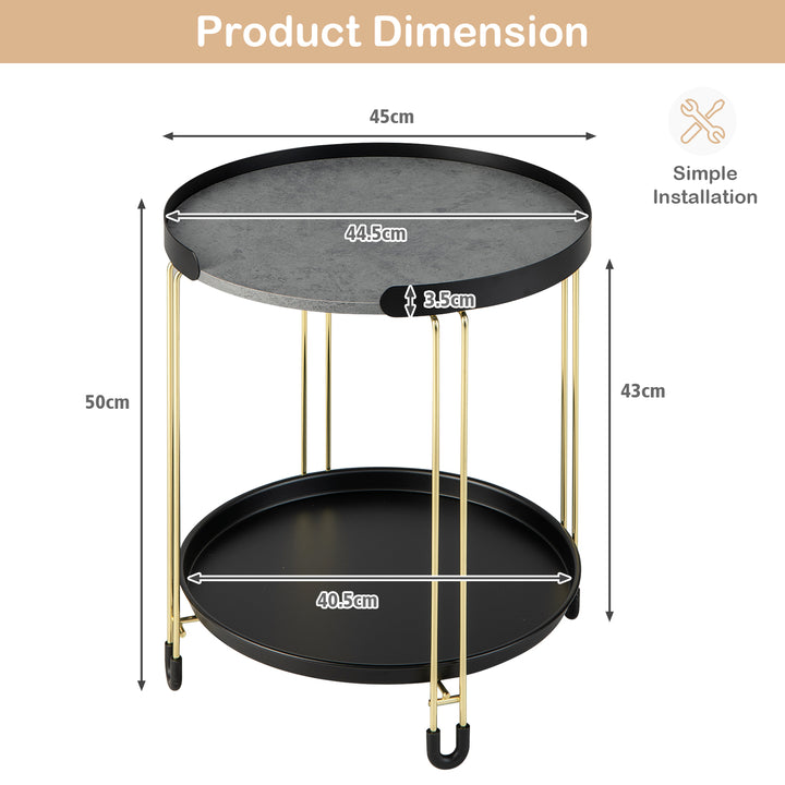 2-Tier Faux Marble Side Table with Removable Tray for Home Office-Colourful