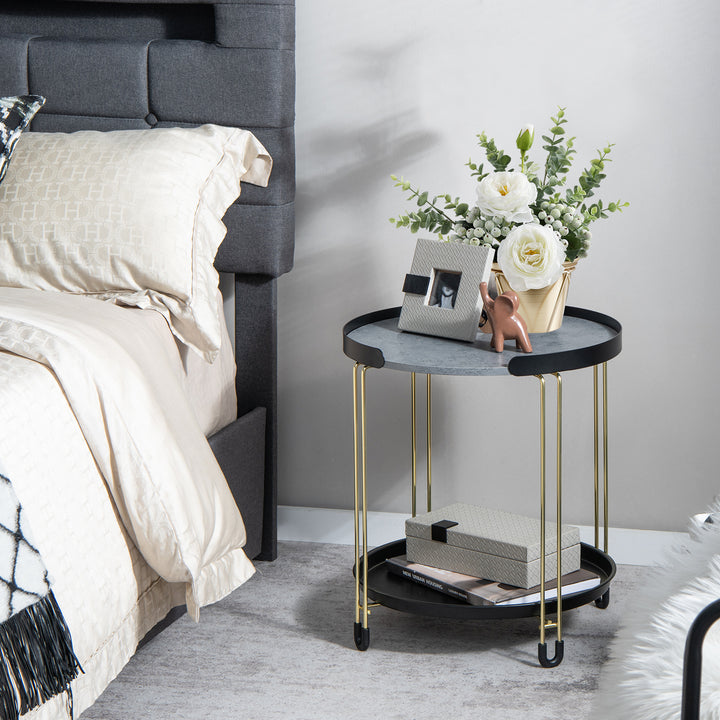 2-Tier Faux Marble Side Table with Removable Tray for Home Office-Colourful
