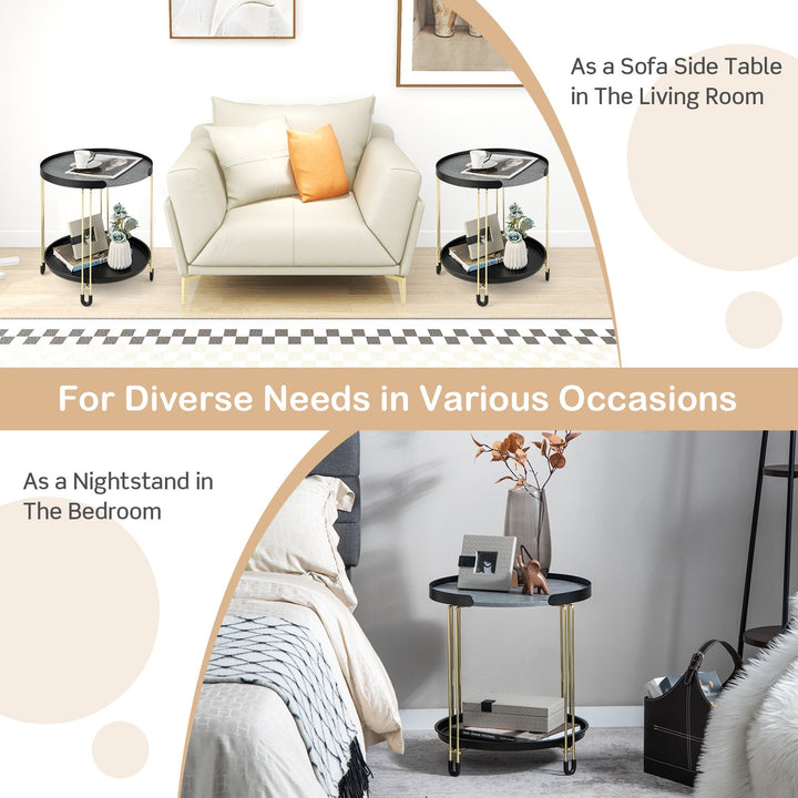 2-Tier Faux Marble Side Table with Removable Tray for Home Office-Colourful