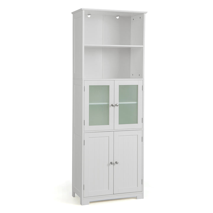 Freestanding Storage Cabinet with Tempered Glass Door and Open Shelves, -White