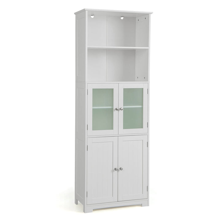 Freestanding Storage Cabinet with Tempered Glass Door and Open Shelves, -White