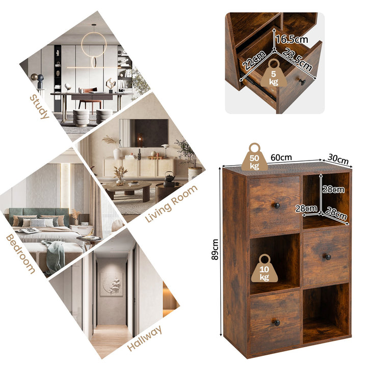 6 Cube Storage Bookcase with 3 Drawers for Living Room Bedroom-Rustic Brown