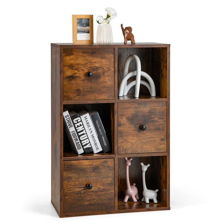 6 Cube Storage Bookcase with 3 Drawers for Living Room Bedroom-Rustic Brown