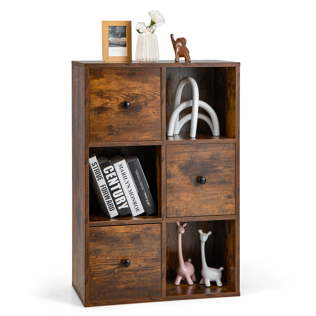 6 Cube Storage Bookcase with 3 Drawers for Living Room Bedroom-Rustic Brown