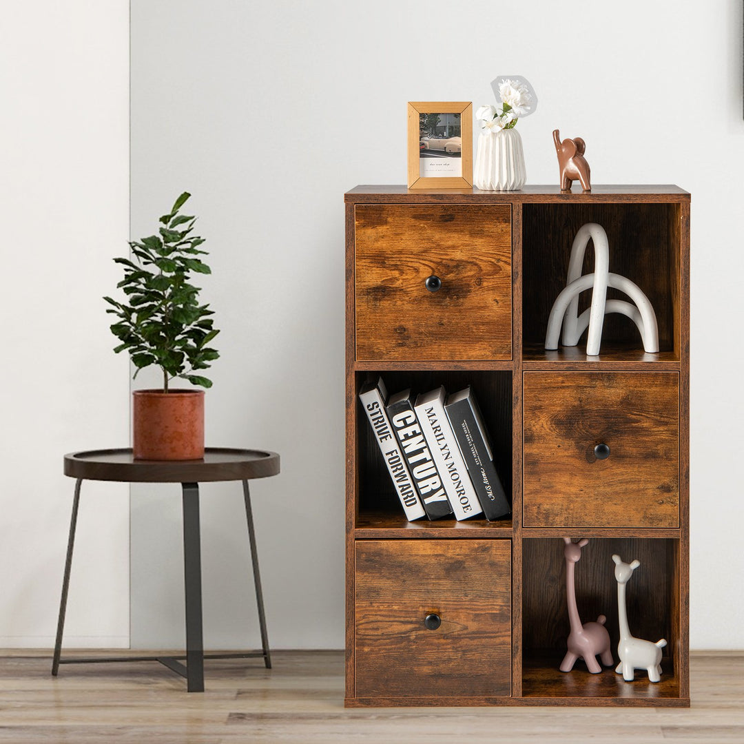6 Cube Storage Bookcase with 3 Drawers for Living Room Bedroom-Rustic Brown