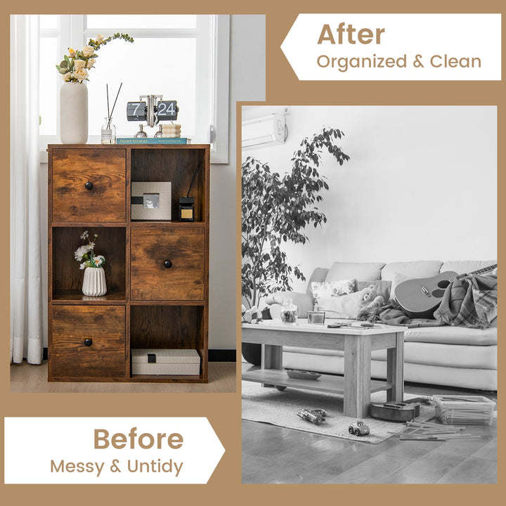 6 Cube Storage Bookcase with 3 Drawers for Living Room Bedroom-Rustic Brown