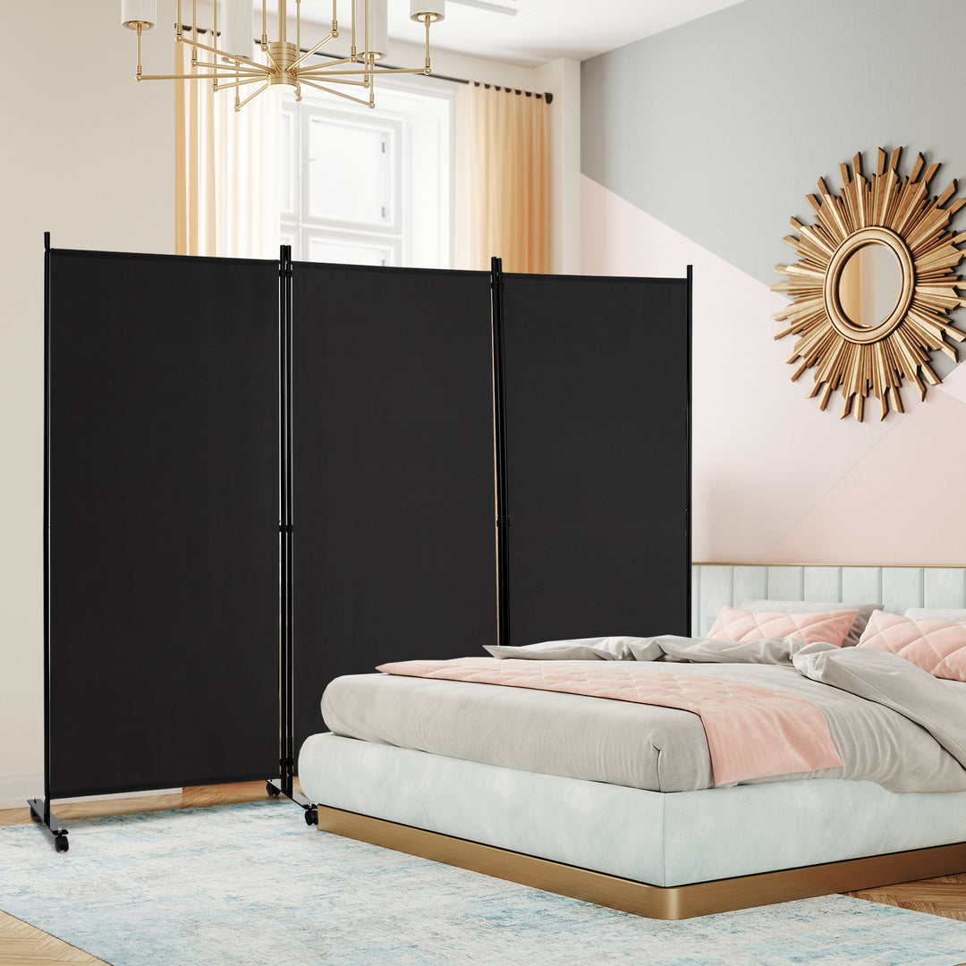 Folding Room Divider with Wheels- Black