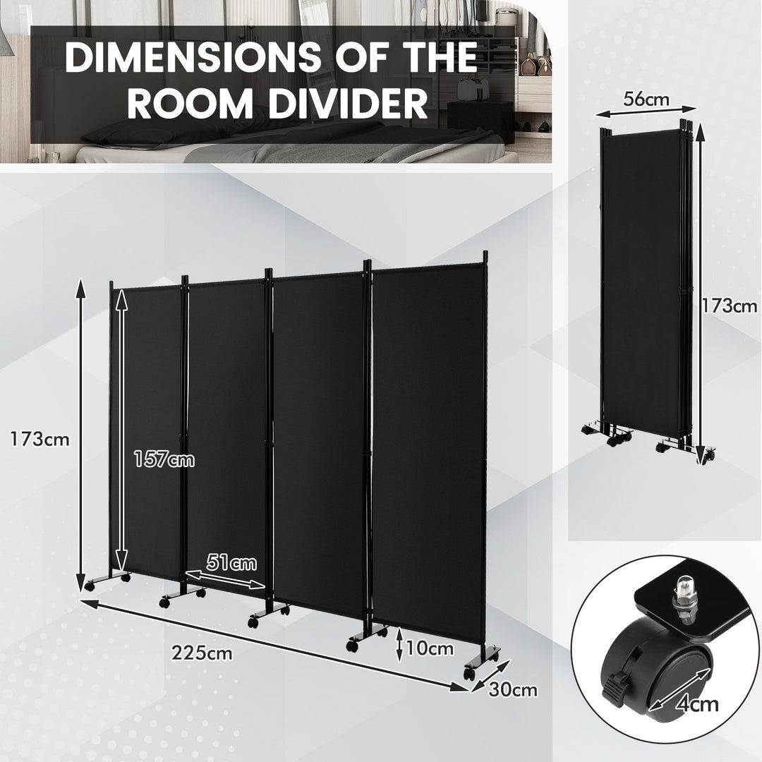 4-Panel Folding Room Divider with Wheels for Living Room Bedroom -Black