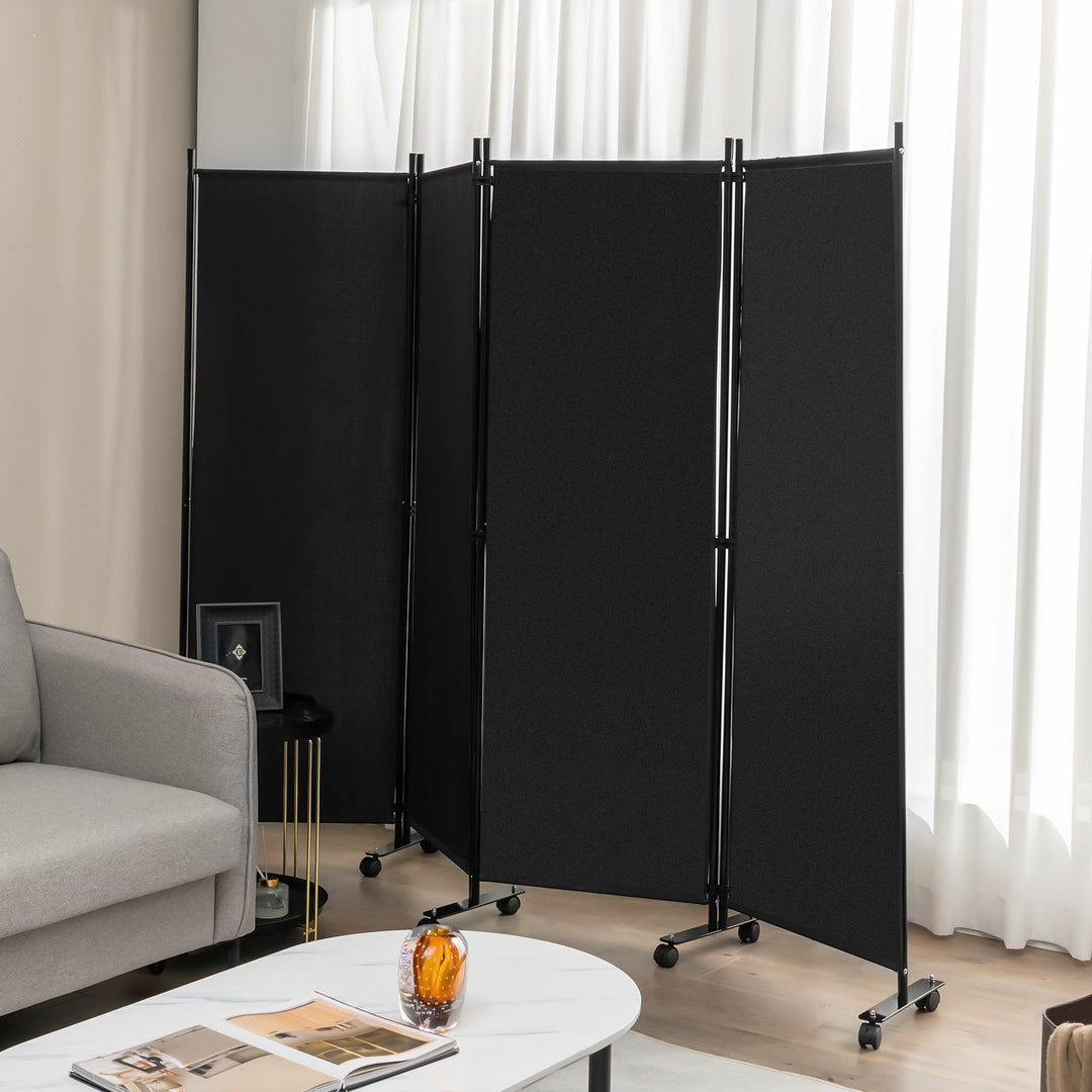 4-Panel Folding Room Divider with Wheels for Living Room Bedroom -Black