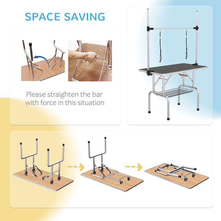 PawHut Adjustable Dog Grooming Table Rubber Top 2 Safety Slings Mesh Storage Basket Heavy Metal Black 107 x 60 x 170cm