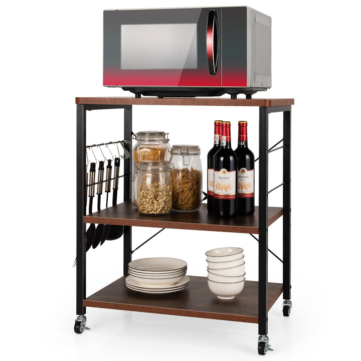 3 Tier Rolling Kitchen Baker's Rack with Adjustable Shelf and Hooks-Rustic Brown