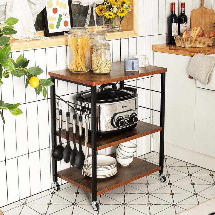 3 Tier Rolling Kitchen Baker's Rack with Adjustable Shelf and Hooks-Rustic Brown