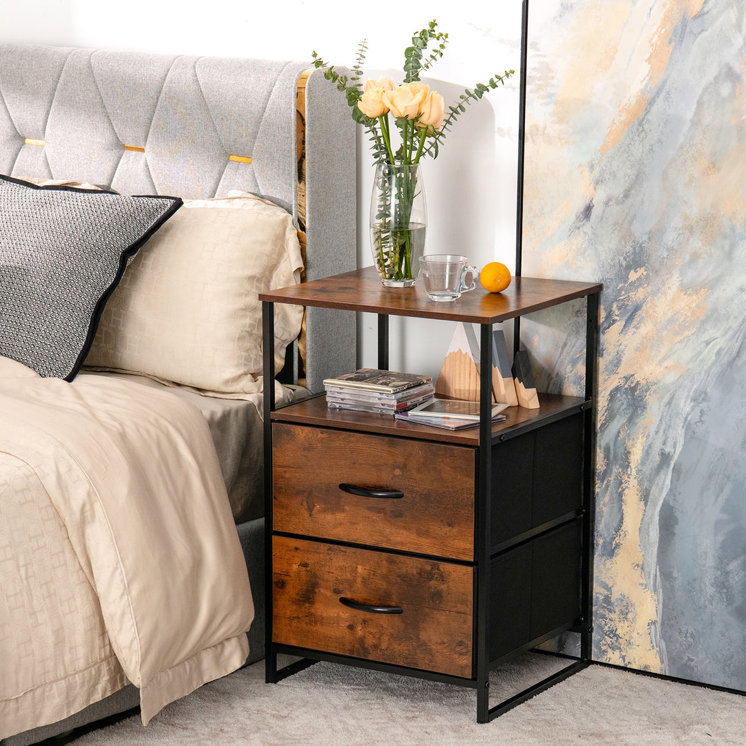 Metal Frame Storage Cabinet with 2 Drawers and Wooden Top-Rustic Brown