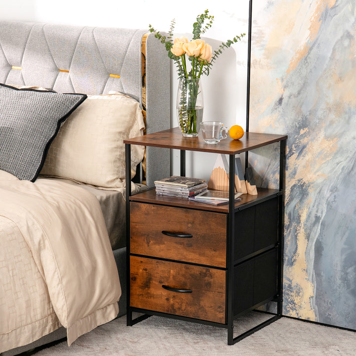 Metal Frame Storage Cabinet with 2 Drawers and Wooden Top-Rustic Brown